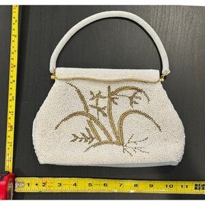 Vintage White Seed Bead Handbag Gold Floral Beaded Evening Bag Wedding Clutch